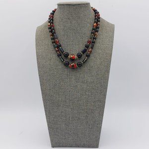 Vintage Necklace Red Black Marked Japan Silver Toned Beads Double Strand Hook